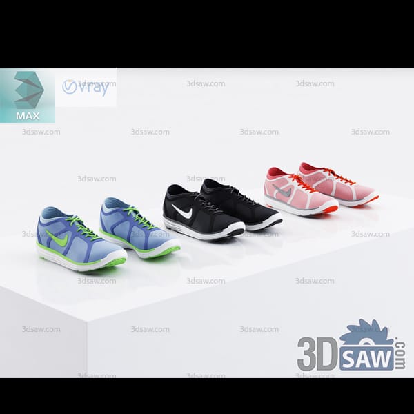 Three pairs of color-block running shoes in blue, black, and pink