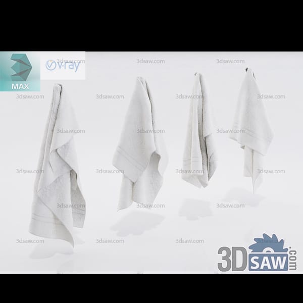 Five white cotton towels hanging in varied draped configurations