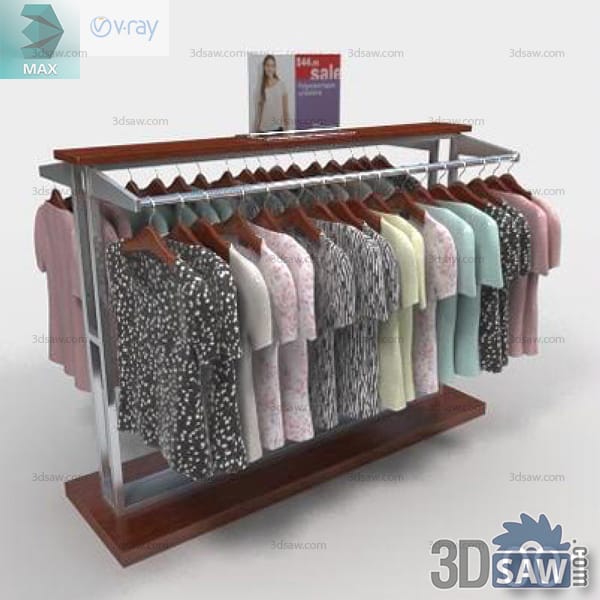 Double-rail boutique fixture with pastel tops, wood shelves, and metal frame