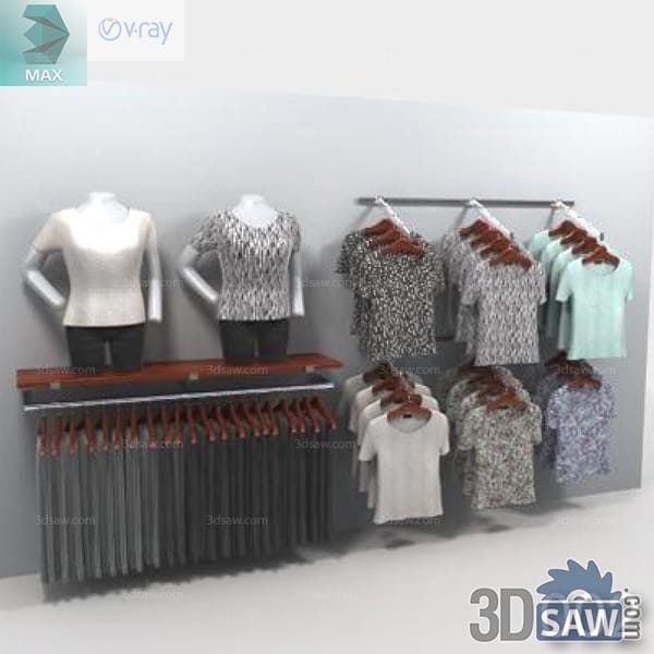 Two torso mannequins beside wall-mounted shirt and trouser displays