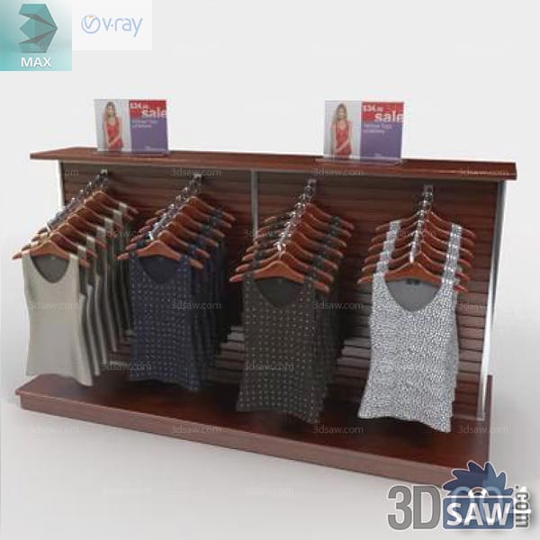 Dark wood wall fixture displaying cream, navy, charcoal, and patterned tank tops