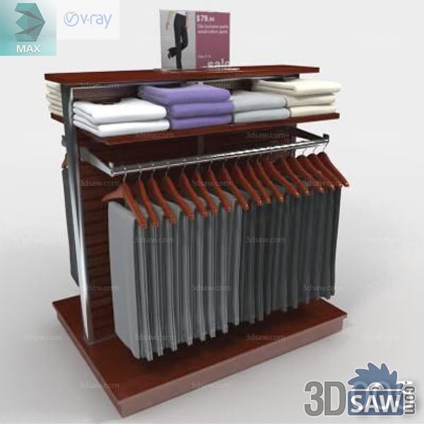 Wood retail fixture with folded knitwear above a rail of grey trousers