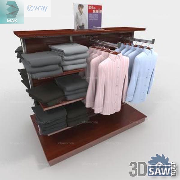 Wood display with folded charcoal clothes and pale collared shirts on rail