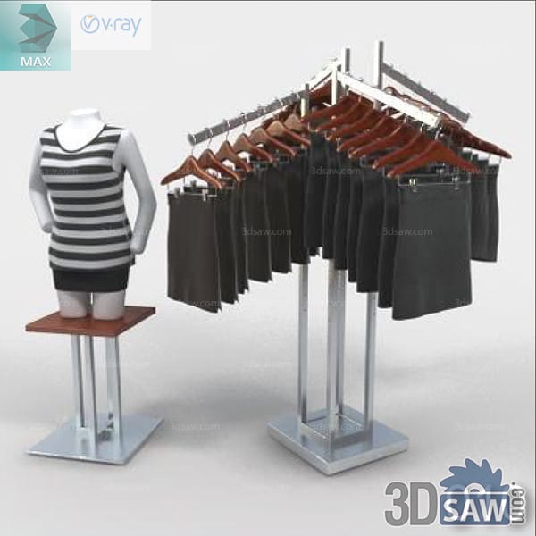 Striped-top torso mannequin beside an island rack of dark skirts