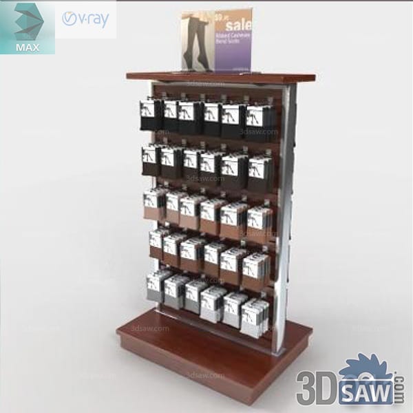 Narrow freestanding wood rack with five rows of packaged socks