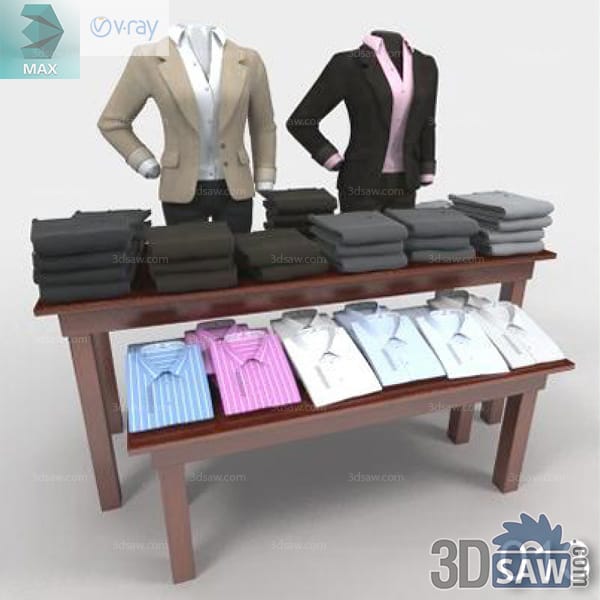 Two blazer mannequins above a wood table with folded trousers and shirts