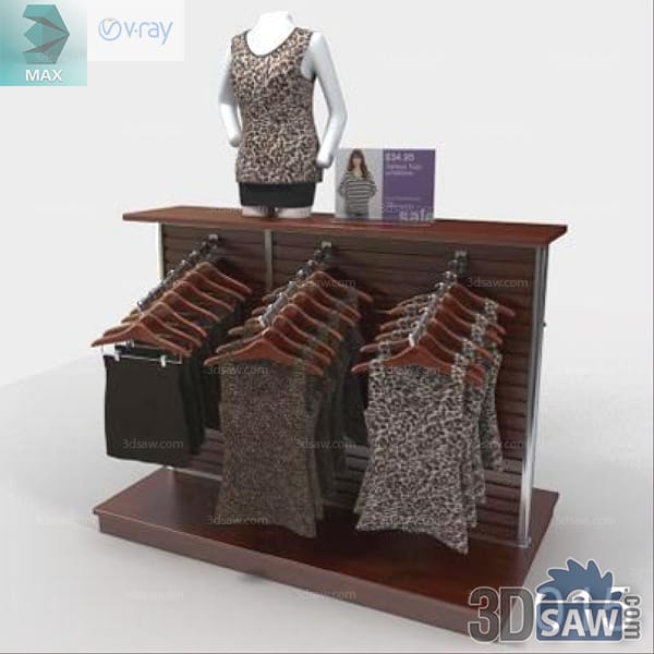 Torso mannequin above a dark wood rack of patterned sleeveless dresses