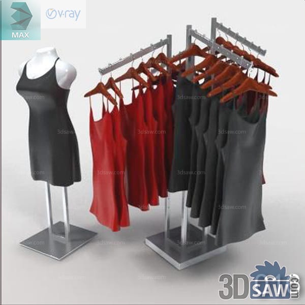Display form beside a metal rack of red and charcoal sleeveless dresses