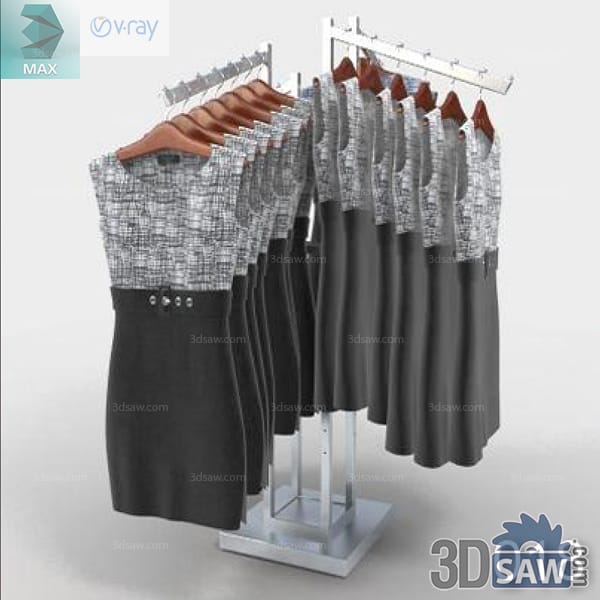 Metal island rack filled with black and grey patterned dresses