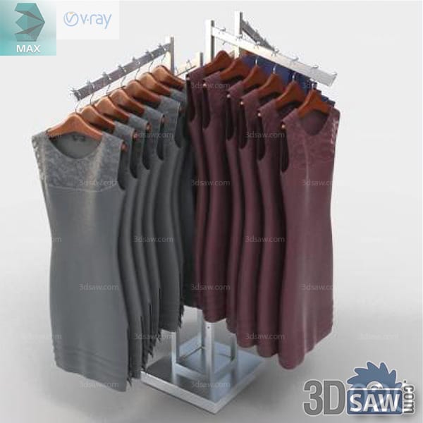 Four-way metal rack holding grey and muted plum sleeveless dresses