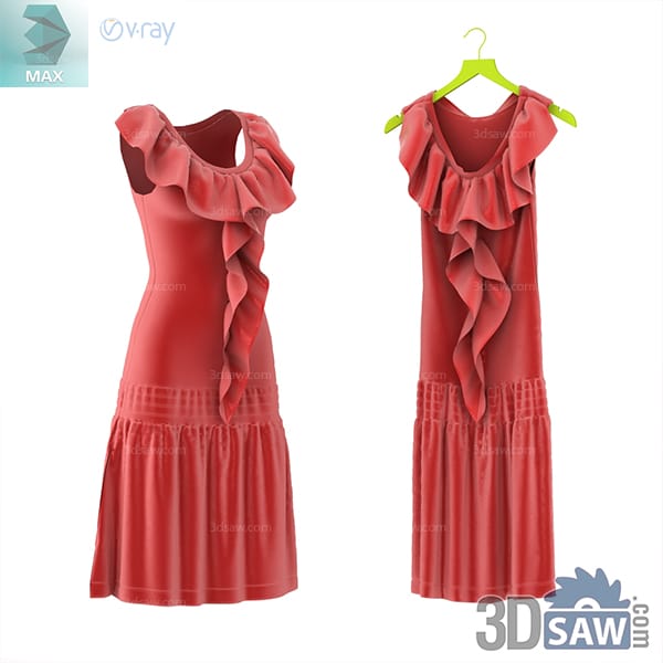 Front and back views of a coral midi dress with cascading neckline ruffles