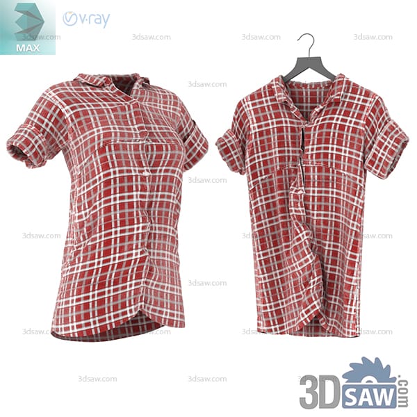 Front and back views of a relaxed red cream and dark plaid short-sleeve shirt
