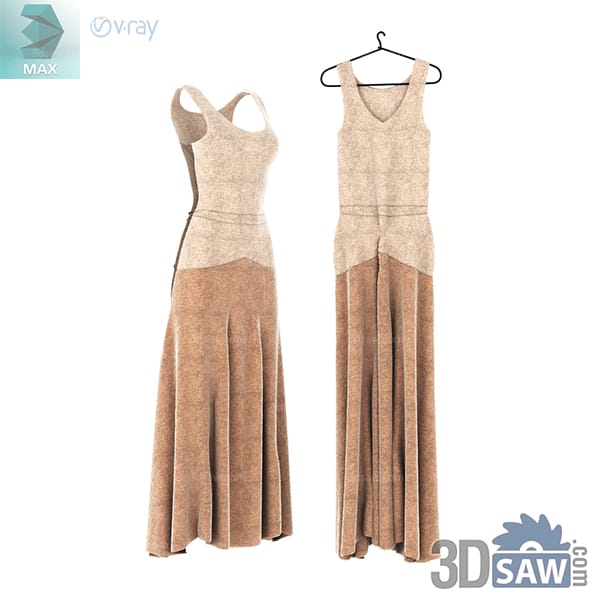 Front and back views of a beige two-tone maxi dress with a pleated skirt