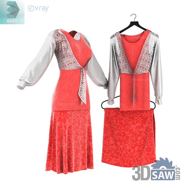 Coral dress with a light grey patterned long-sleeve overlay and matching skirt panel
