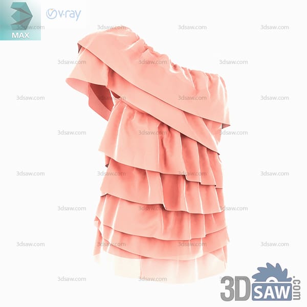 Coral one-shoulder short dress formed from layered asymmetric ruffles