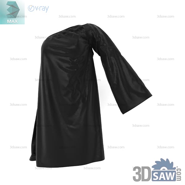 Glossy black asymmetric dress with one bare shoulder and a wide flared sleeve