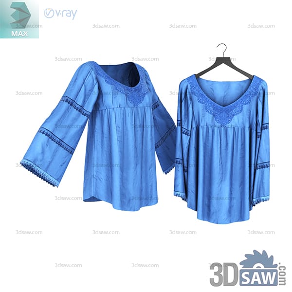 Front and back views of a loose blue tunic with embroidered neckline and bell sleeves