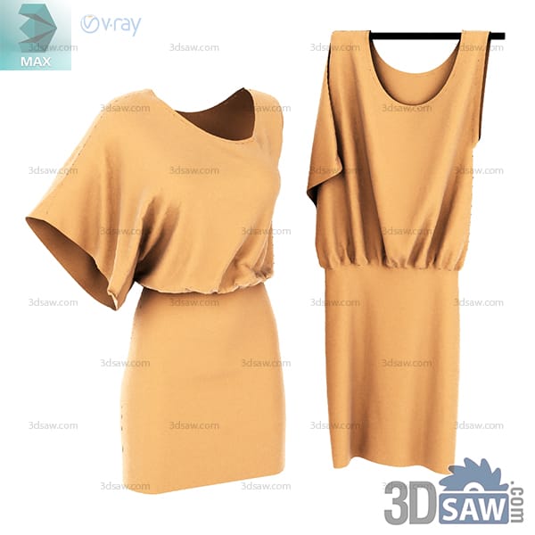 Front and back views of a camel short dress with asymmetric sleeves and gathered waist