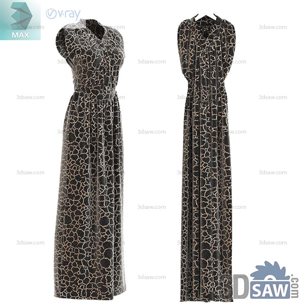 Front and back views of a black patterned halter maxi dress with a pleated skirt