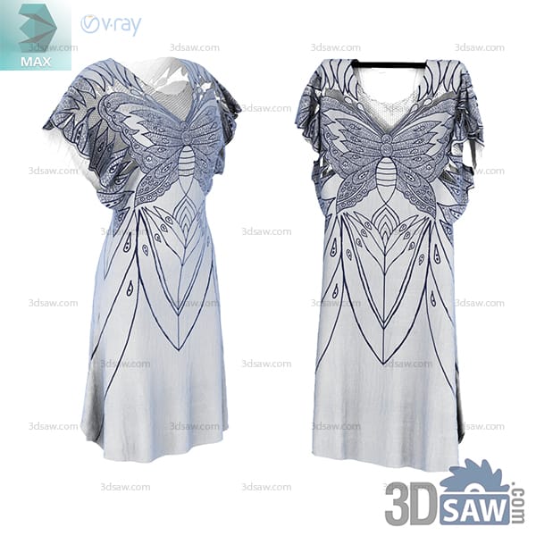 Front and back views of a white short-sleeve dress with a butterfly-inspired graphic