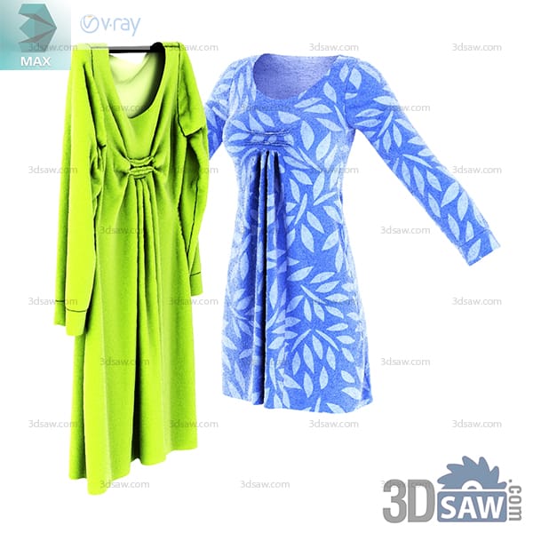 Lime green draped dress and blue leaf-pattern wrap dress with long sleeves
