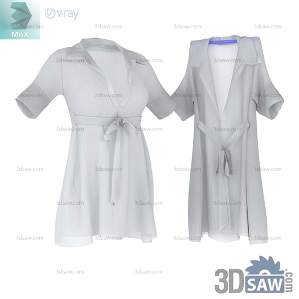 Front and back views of a sheer white short-sleeve tunic with a tied waist