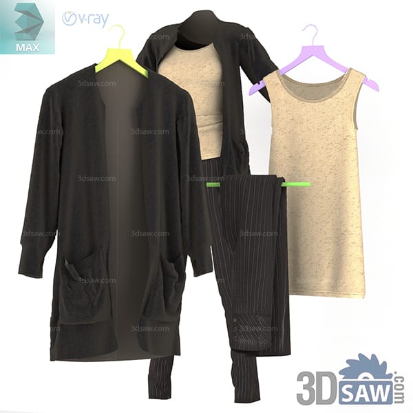 Layered black cardigan beige top and pinstriped trousers displayed on hangers