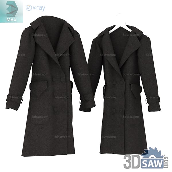 Front and back views of a charcoal double-breasted trench coat with a belt