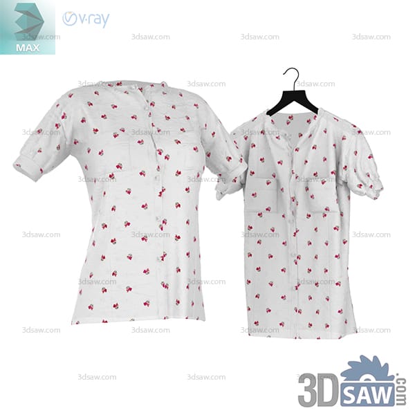 White floral blouse with short puff sleeves ruffled cuffs and a buttoned V neckline