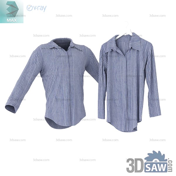 Blue and white pinstripe long-sleeve button-down shirt shown from two views