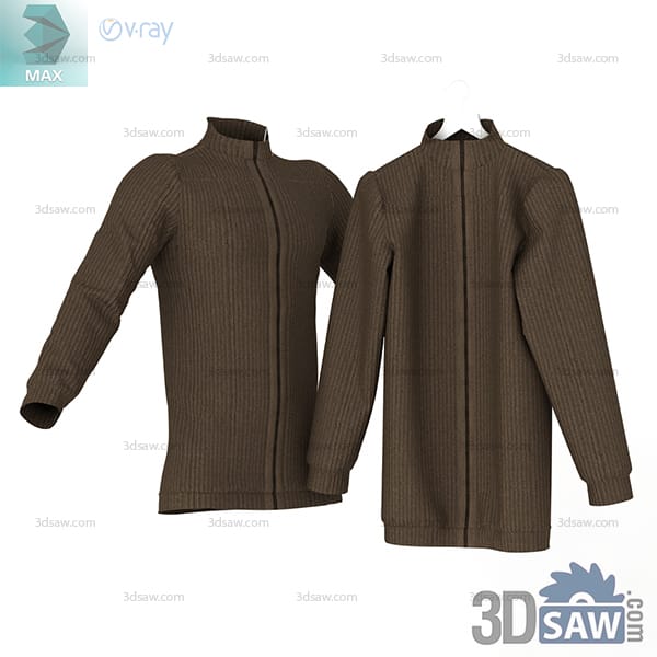 Front and back views of a dark brown ribbed cardigan with a stand collar zipper