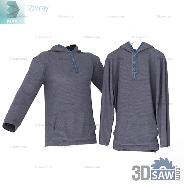 Grey hooded pullover with blue trimmed short placket and kangaroo pocket