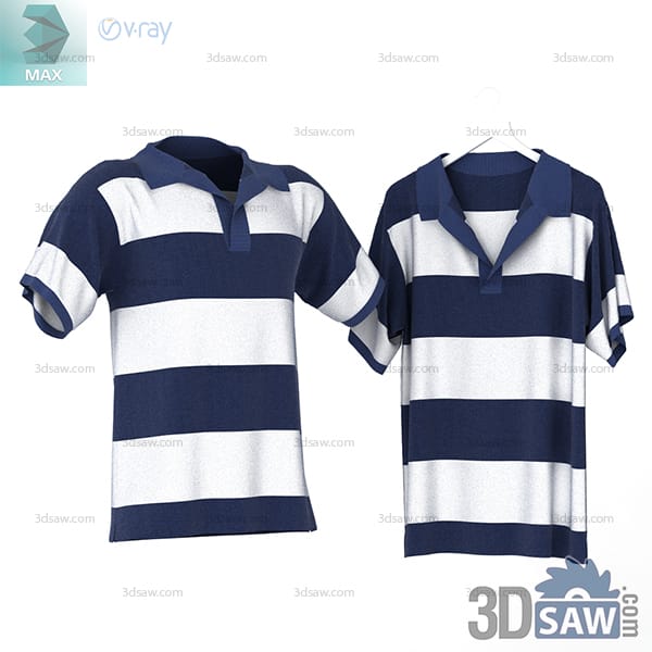 Navy and white broad striped short-sleeve polo shirt shown front and back