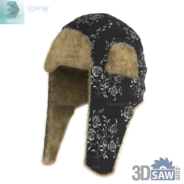 Black floral-pattern trapper hat with faux-fur ear flaps and trim