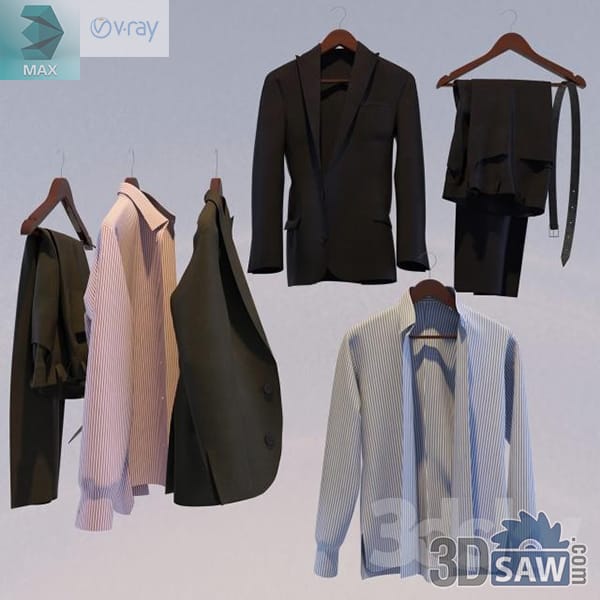 Tailored suits, shirts and formal clothing displayed on wooden hangers