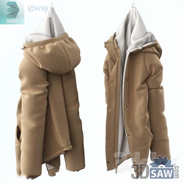 Tan hooded parka shown from front and back on a hanger