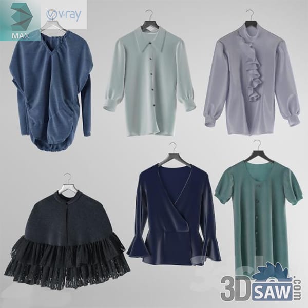 Women's blouses, cape and tops arranged on individual hangers