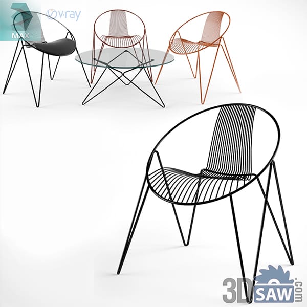 Contemporary wire cafe chairs in black and copper around a glass table