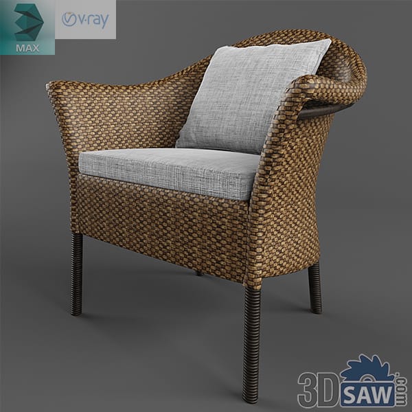Rustic wicker lounge armchair with pale cushion and dark tapered legs