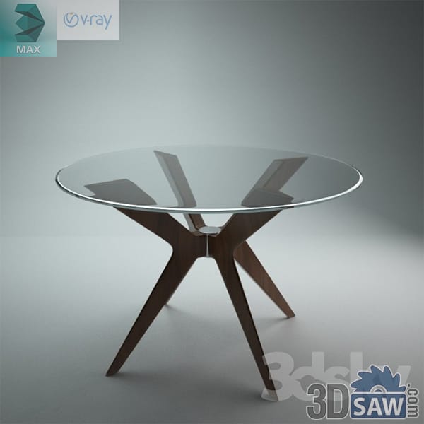Mid-century round glass dining table with angled walnut cross base