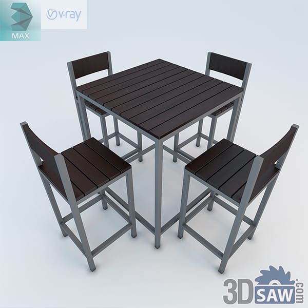 Industrial outdoor bar table with four slatted wood and metal chairs