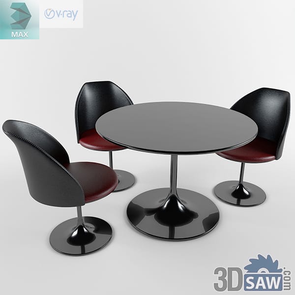 Contemporary black pedestal dining set with three dark red accent chairs