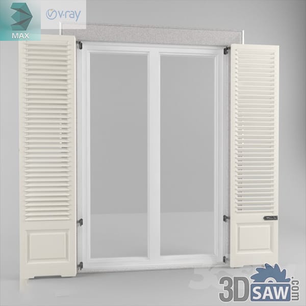 White window in a stucco reveal with cream louvered shutters open against the wall