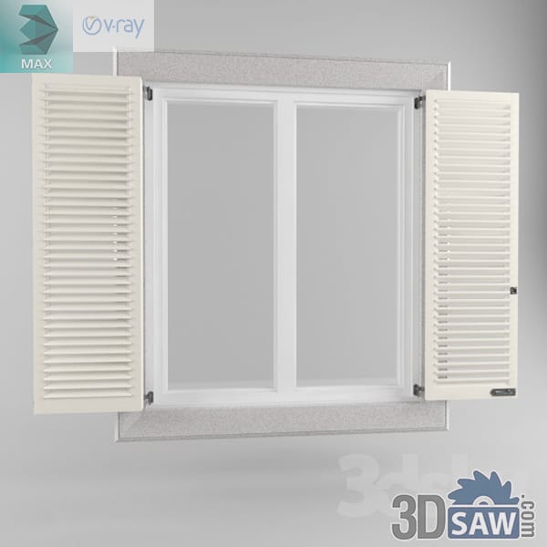 White two-sash window on a stone sill with tall cream louvered shutters open