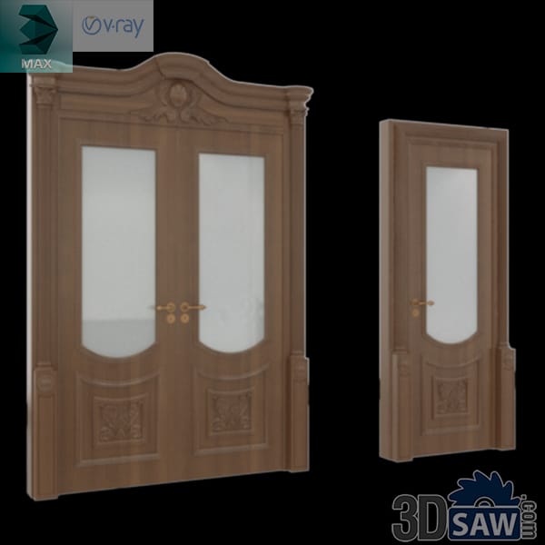 Oak doors with oval frosted-glass panels and carved arched crests, one double and one single