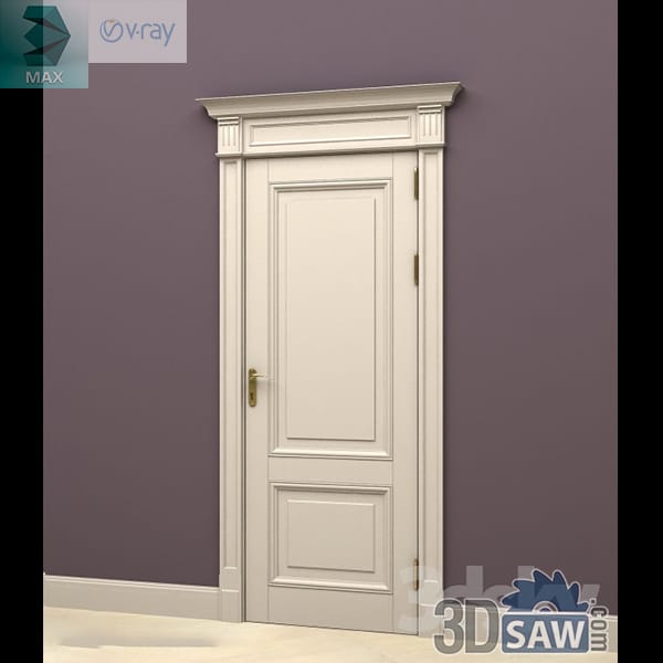 Greige two-panel classic door with slim pilasters and a stepped cornice