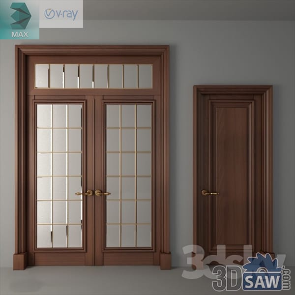 Walnut glazed double door with a divided-light transom beside a solid two-panel single door