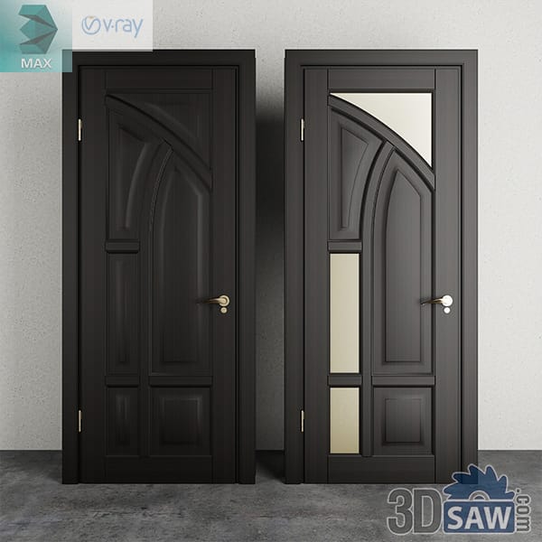 Two dark wenge doors with a sweeping curved panel layout, one solid and one part glazed