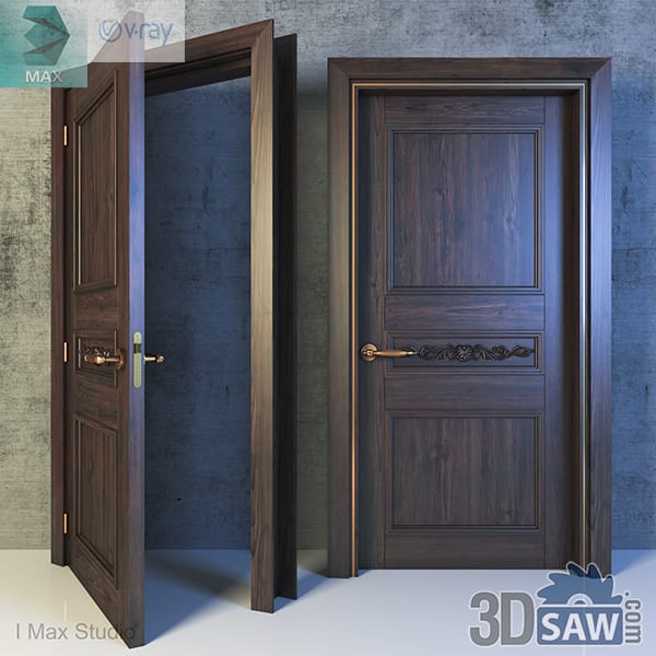 Dark walnut three-panel door with a long scrolled wrought-iron handle plate, shown open and closed