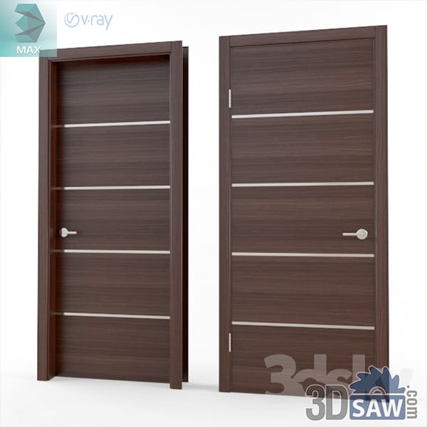 Mocha wenge flat door with five horizontal satin metal inlay lines, shown closed and open
